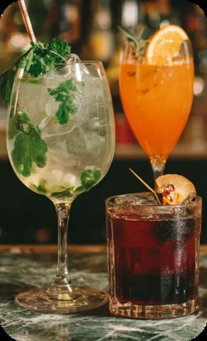 Spritz et cocktails sur comptoir en marbre
