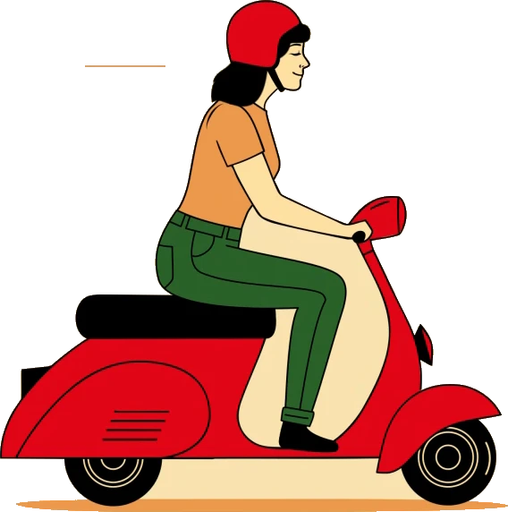 Illustration Scopertino : une jeune femme en Vespa rouge